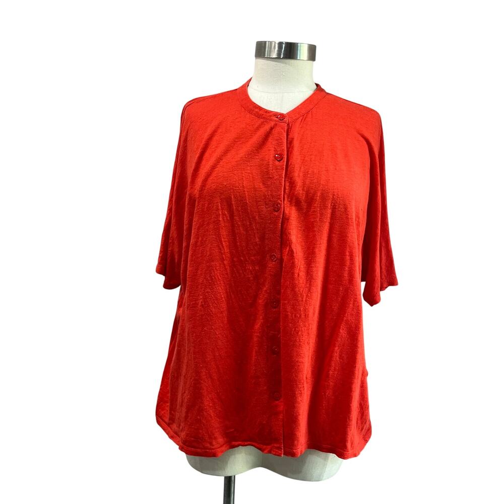 Eileen Fisher Red Organic Linen Button Front Top Boxy Size L